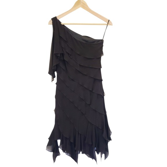 VTG Tadashi Silk Layered Whimsigoth Vamp Y2K  One Shoulder Mini Dress XS Black - Picture 1 of 6